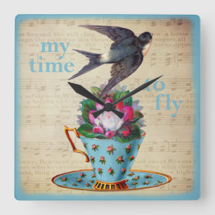 Reloj Cuadrado Vintage Teacup Roses and Flying Swallow Bird