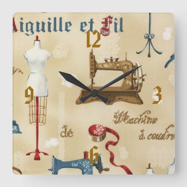 Reloj Cuadrado Vintage Wallpaper Sewing Room Print Clock (Anverso)