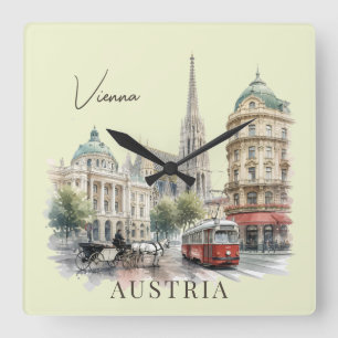 Reloj Cuadrado Vintage Watercolor Vienna Austria Tram & Cathedral