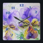 Reloj Cuadrado Viola Pansies púrpura acuarela Flor Pansy<br><div class="desc">Shabby Chic Lilac Púrpura Pansies Pansy Floral Room Clock. Diseñado desde mi arte acuarela original.</div>