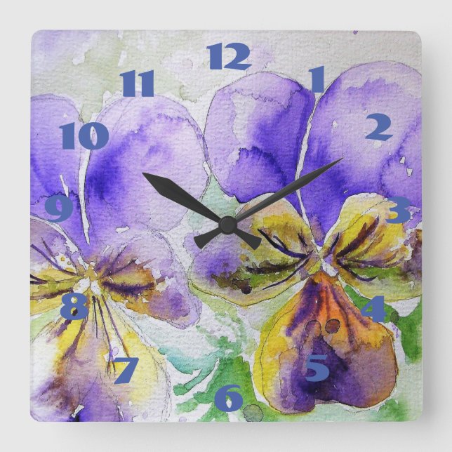 Reloj Cuadrado Violeta Pansies Moradas Acuarela Flor de Pensamien (Anverso)