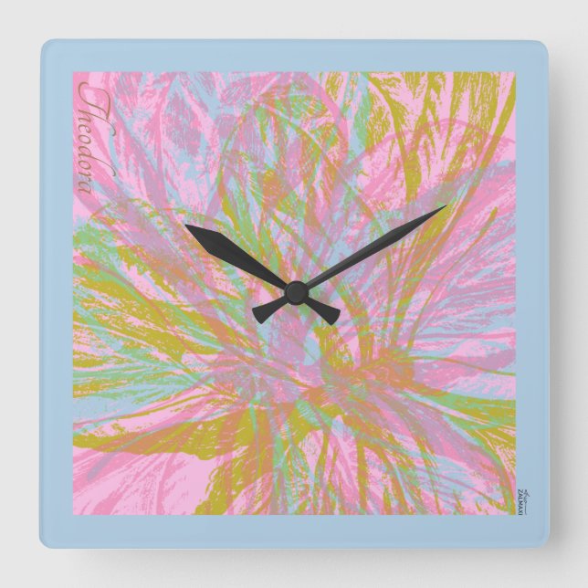 Reloj Cuadrado Violeta rosa de mariposa dorada abstracta (Anverso)