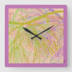 Reloj Cuadrado Violeta rosa de mariposa dorada abstracta