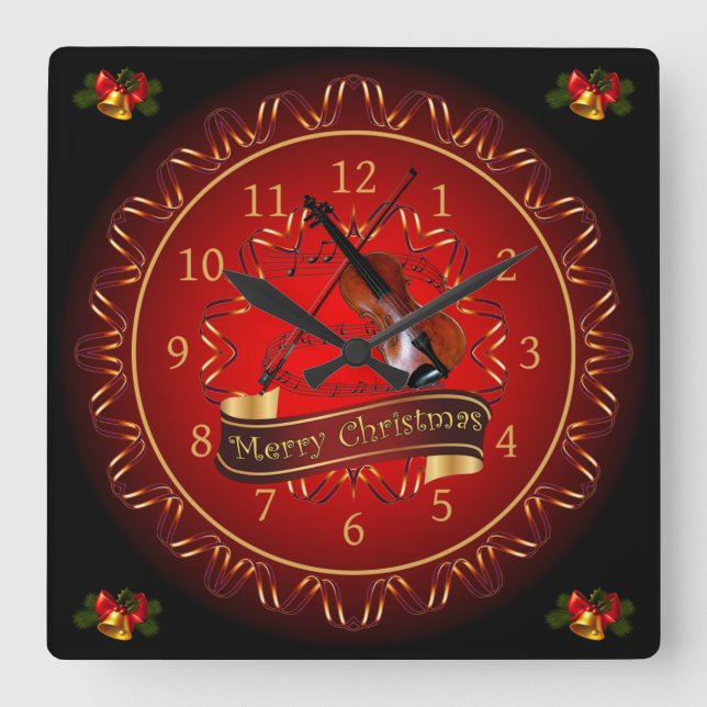 Reloj Cuadrado Violin ~ Feliz Navidad ~ Marrón y negro ~ (Anverso)