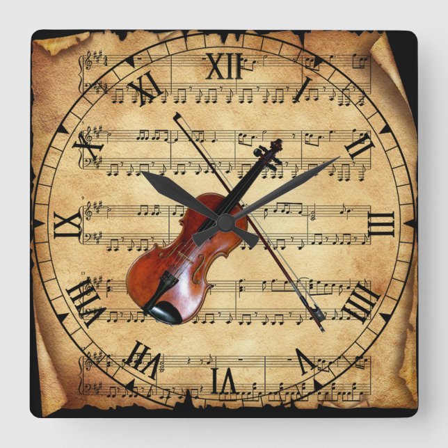 Reloj Cuadrado Violin ~ Fondo musical de hoja cosmética ~ Único ~ (Anverso)