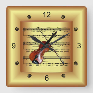 Reloj Cuadrado Violin ~ Hoja curva Música ~ Fondo de oro ~ ~ 