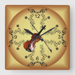 Reloj Cuadrado Violin ~ Musical Scroll ~ Fondo de oro ~