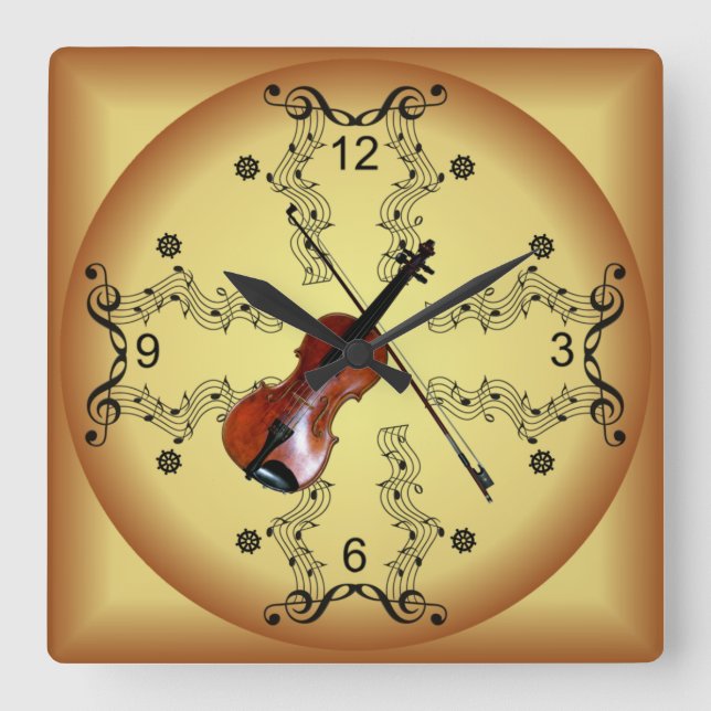 Reloj Cuadrado Violin ~ Musical Scroll ~ Fondo de oro ~ (Anverso)
