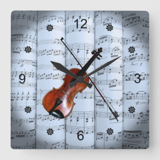 Reloj Cuadrado Violin ~ Rolled Sheet Music ~ Blue Tint Background