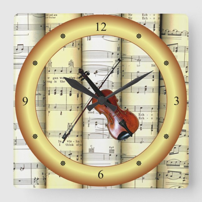 Reloj Cuadrado Violin ~ Rolling Sheet Music ~ Gold Ring ~ * ~ ~ (Anverso)