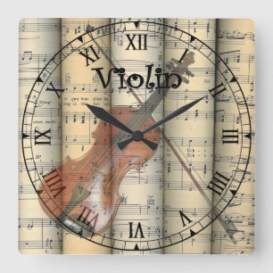 Reloj Cuadrado Violin transparente ~ Música de hoja de cosecha on