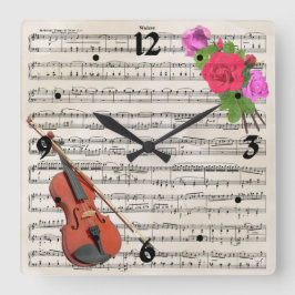 Reloj Cuadrado Violin y Rosas Diseño musical de hojas de cosecha