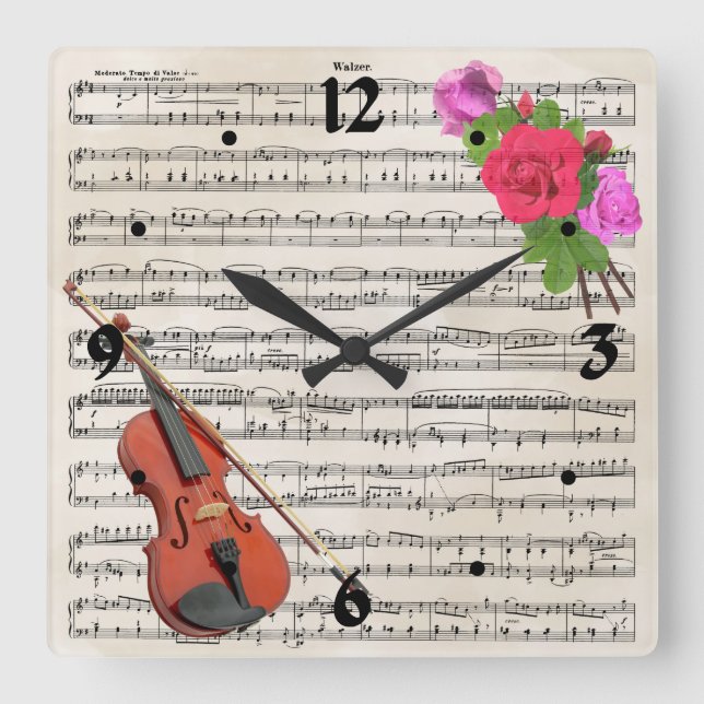 Reloj Cuadrado Violin y Rosas Diseño musical de hojas de cosecha (Anverso)