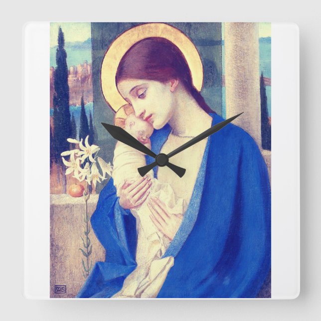 Reloj Cuadrado Virgen María y Niño de Marianne Stokes (Anverso)