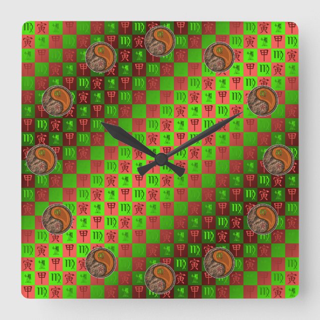 Reloj Cuadrado Virgo & Tigre de Madera (Anverso)