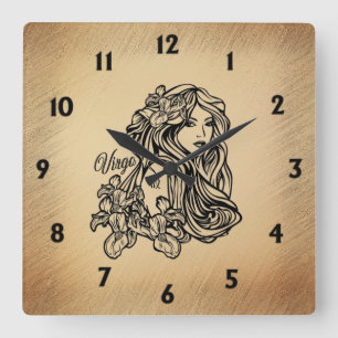 Reloj Cuadrado Virgo Zodiaco con Aspecto Antiguo y Números Negros