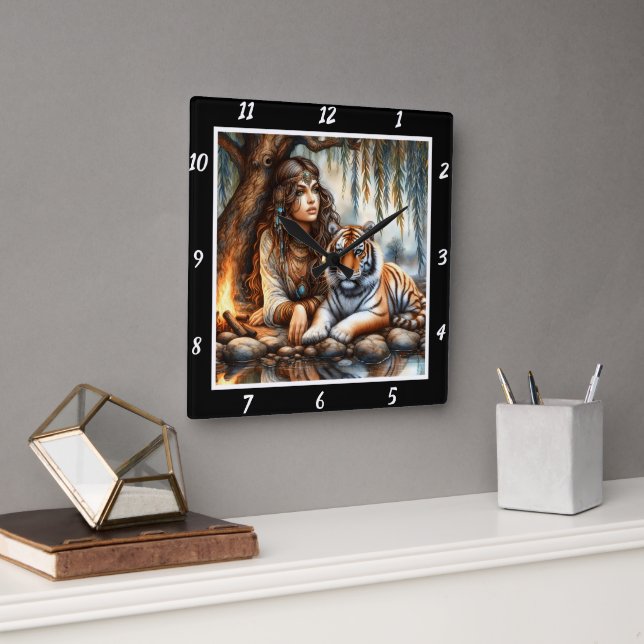 Reloj Cuadrado Visiones nativas: Susurro del río Aura de Tigre (Oficina)