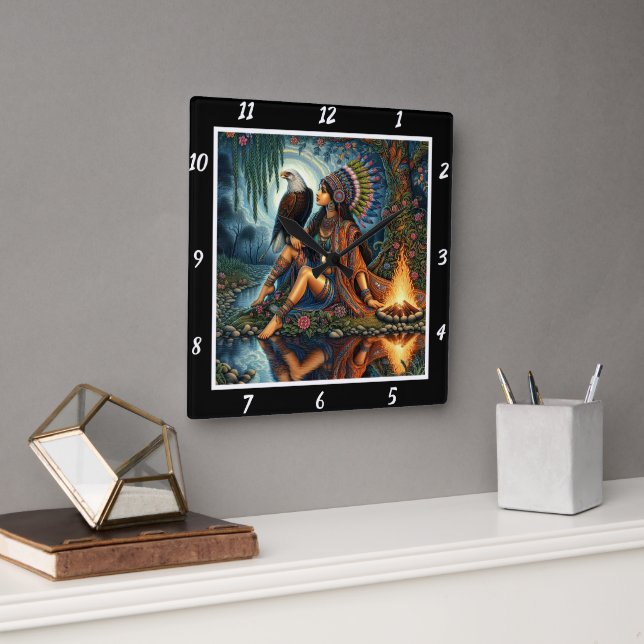 Reloj Cuadrado Vistazo nativo: El brillo del río Wing de Águila (Oficina)