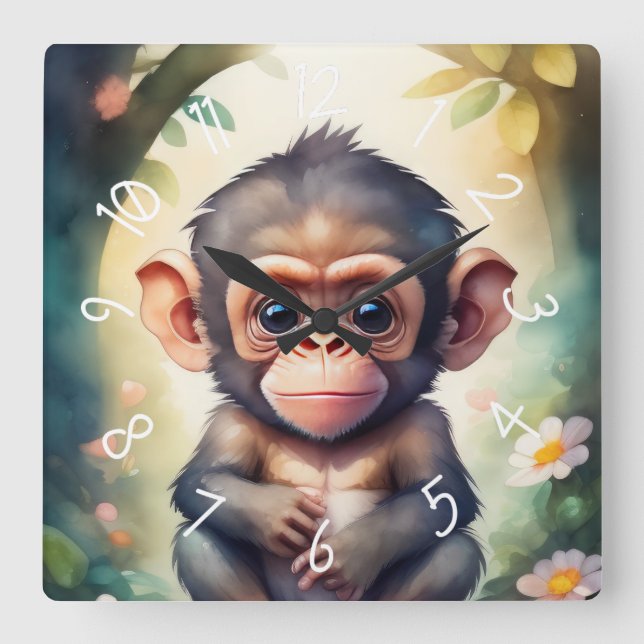 Reloj Cuadrado Viverito de chimpancés acuarela (Anverso)