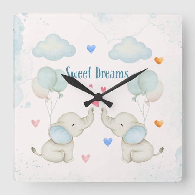 Reloj Cuadrado Vivero de Elefante Bebé Dulces Sueños (Anverso)
