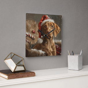 Reloj Cuadrado Vizsla Perro Festivo de Navidad
