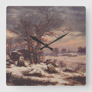 Reloj Cuadrado Vordingborg en Invierno por J.C. Dahl Arte Fino