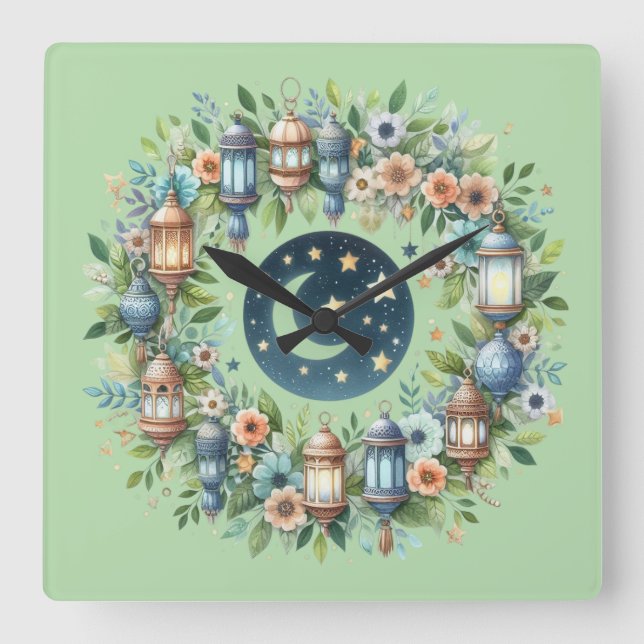 Reloj Cuadrado Wall Clock-Eid Mubarak Wreath Wall Clock (Anverso)
