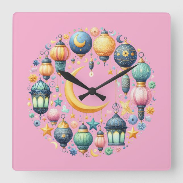 Reloj Cuadrado Wall Clock-Eid Mubarak Wreath Wall Clock (Anverso)