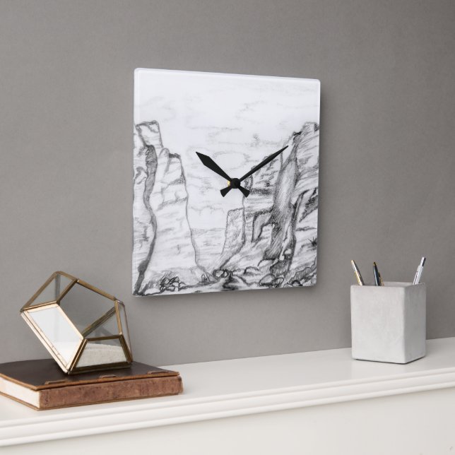 Reloj Cuadrado Wall Clock with canyon sketched in black and white (Oficina)