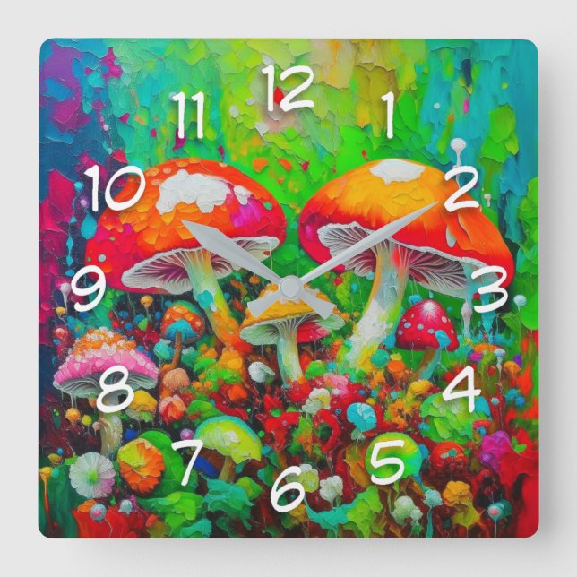 Reloj Cuadrado Watercolor Abstract Mushrooms (Anverso)