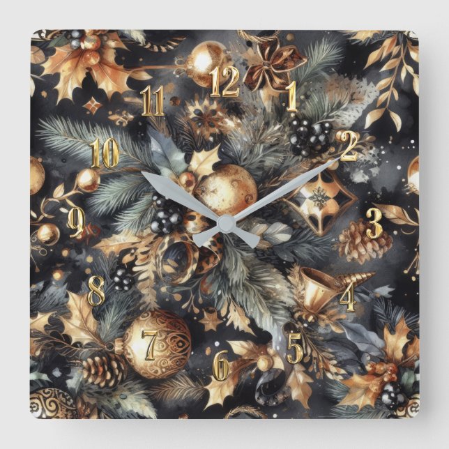 Reloj Cuadrado Watercolor Black Gold Navidades Motifs (Anverso)