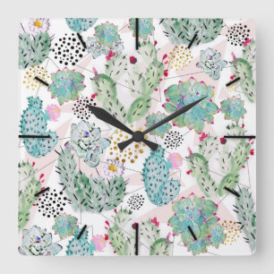 Reloj Cuadrado watercolor cactus and triangles pattern