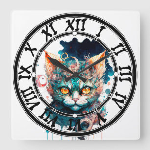 Reloj Cuadrado Watercolor cat en estilo steampunk