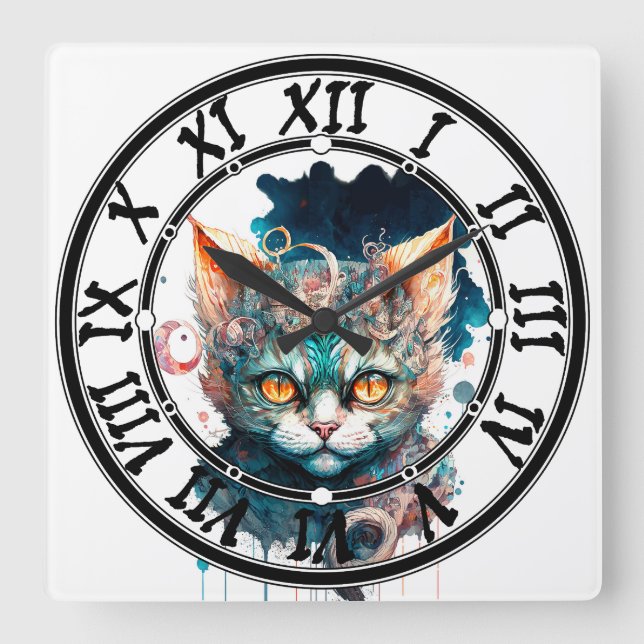 Reloj Cuadrado Watercolor cat en estilo steampunk (Anverso)