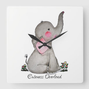 Reloj Cuadrado Watercolor Cute Baby Elephant With Blush & Flowers