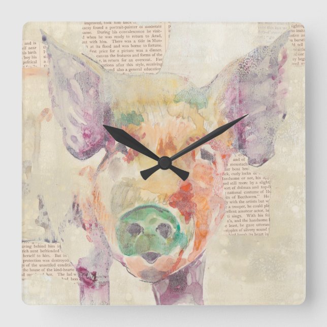 Reloj Cuadrado Watercolor Farm Collage Pig (Anverso)