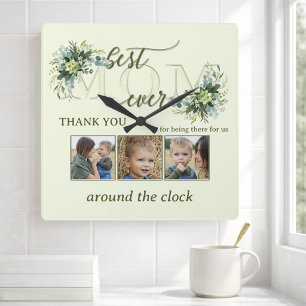 Reloj Cuadrado Watercolor Green deja a mamá Foto de Wall Square C