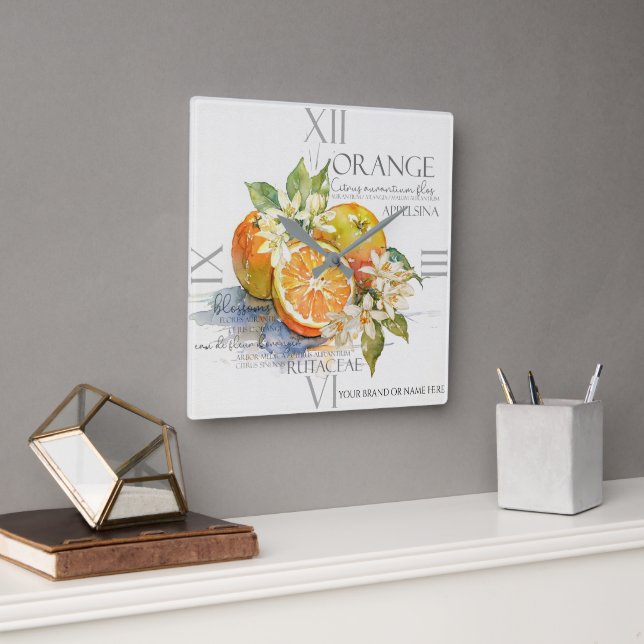 Reloj Cuadrado Watercolor Orange Citrus Fruit With Blossoms (Oficina)
