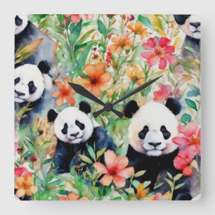 Reloj Cuadrado Watercolor Panda Bear