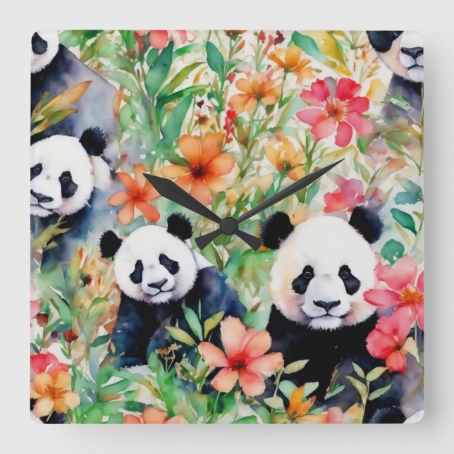 Reloj Cuadrado Watercolor Panda Bear (Anverso)