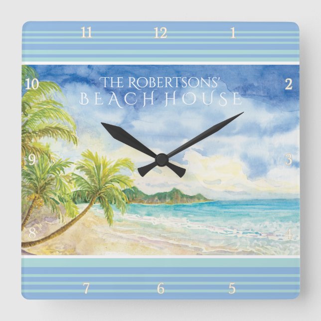 Reloj Cuadrado Watercolor Paraíso Tropical Beach House Palms Art (Anverso)