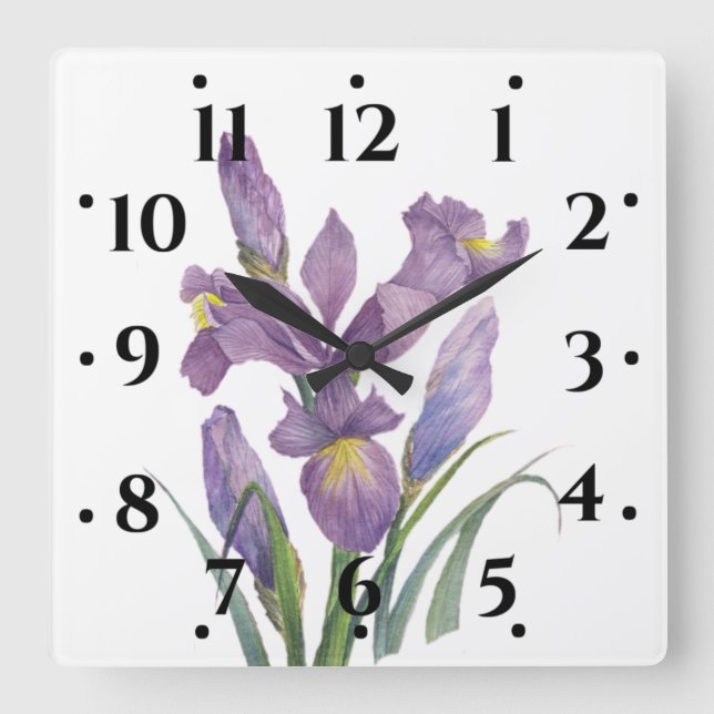 Reloj Cuadrado Watercolor Púrpura Iris Arte Botánico Floral (Anverso)