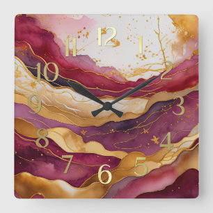 Reloj Cuadrado Watercolor Resumen Paintaje Paintado Oro