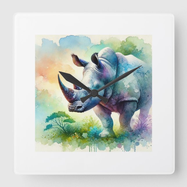 Reloj Cuadrado Watercolor Rhinoceros 050824AREF135 - Watercolor (Anverso)