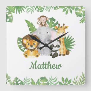 Reloj Cuadrado Watercolor Safari Jungla Animales Tropicales Veget