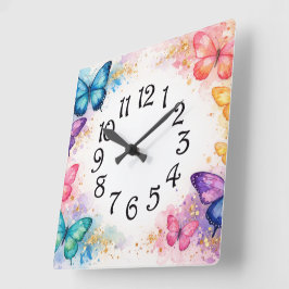 Reloj Cuadrado Watercolor Splash Butterfly and Glitter Girl’s