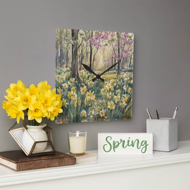 Reloj Cuadrado Watercolor Woodland Daffodils Blossoms  (Springtime forest wall clock with daffodils and blossoms artful charm for seasonal home refresh.)