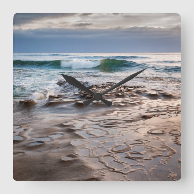 Reloj Cuadrado Wave breaking on beach, California (Anverso)