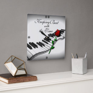 Reloj Cuadrado Wavy Piano Keys & Red Rose - Custom Clock