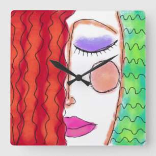 Reloj Cuadrado Wavy Red Hair Abstract Art Square Wall Clock